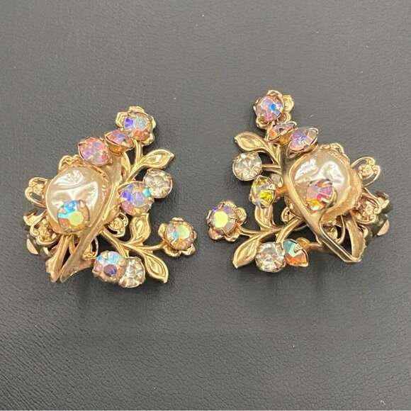 Gorgeous Baroque Style AB Crystal and Faux Pearl Vintage Clip On Earrings - Picture 1 of 11